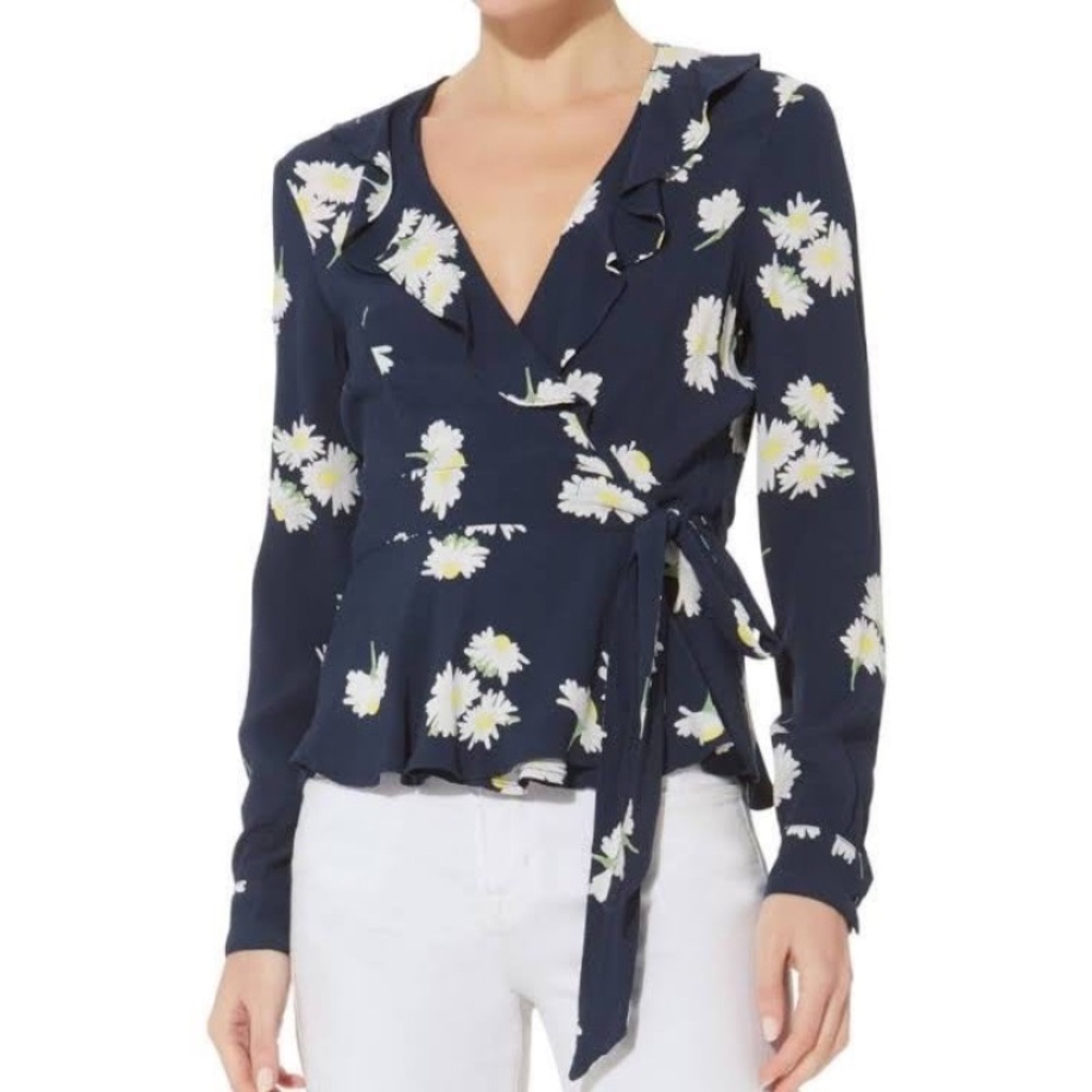 Ganni Silver Crepe Total Eclipse Ruffle Wrap Top in Daisy